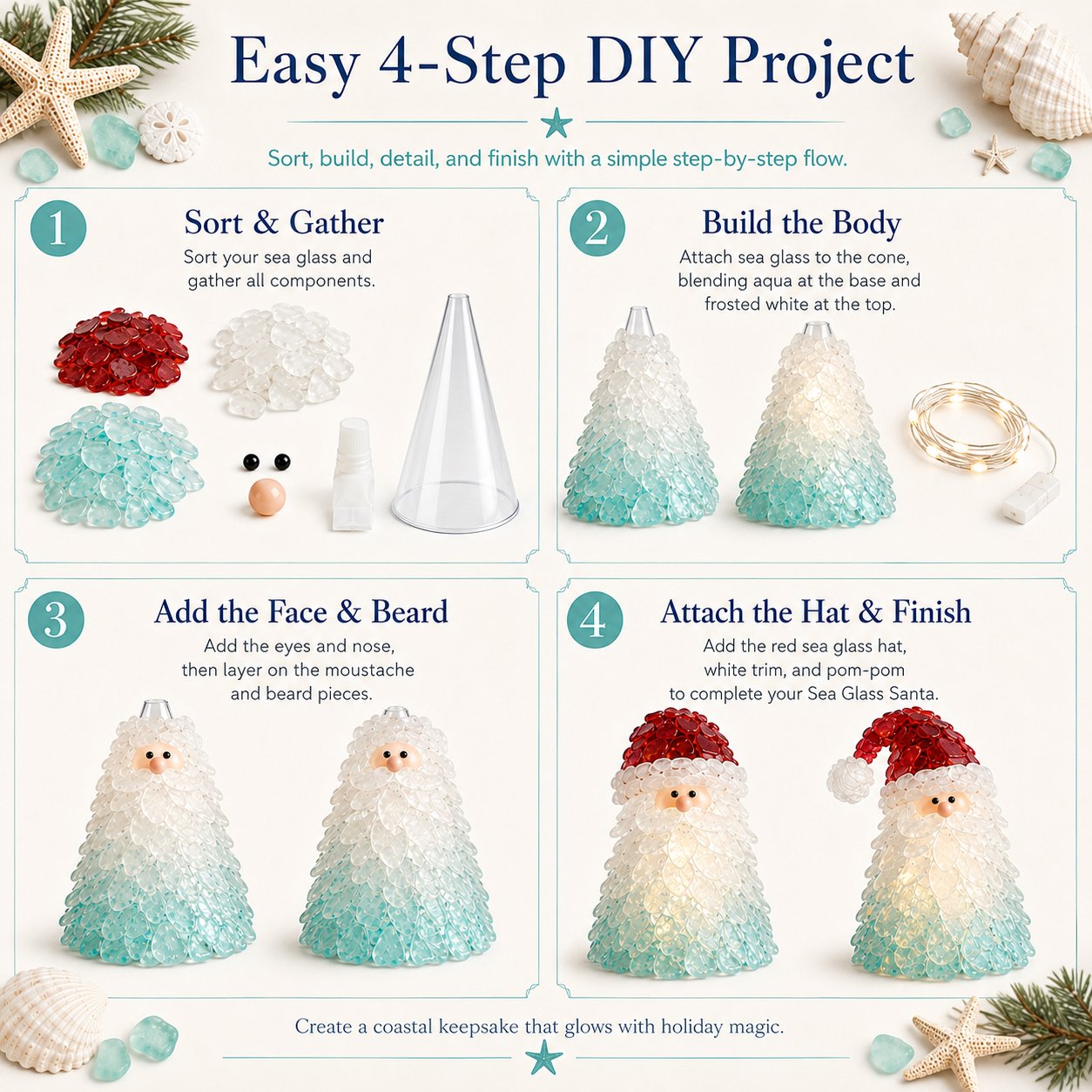 🔥Last Day 49% OFF – 🎅 Beginner-Friendly DIY Lighted Sea Glass Santa Christmas Decor Kit | Complete Kit with Sea Glass Pieces, Warm Fairy Lights & Step-by-Step Guide Included 💕