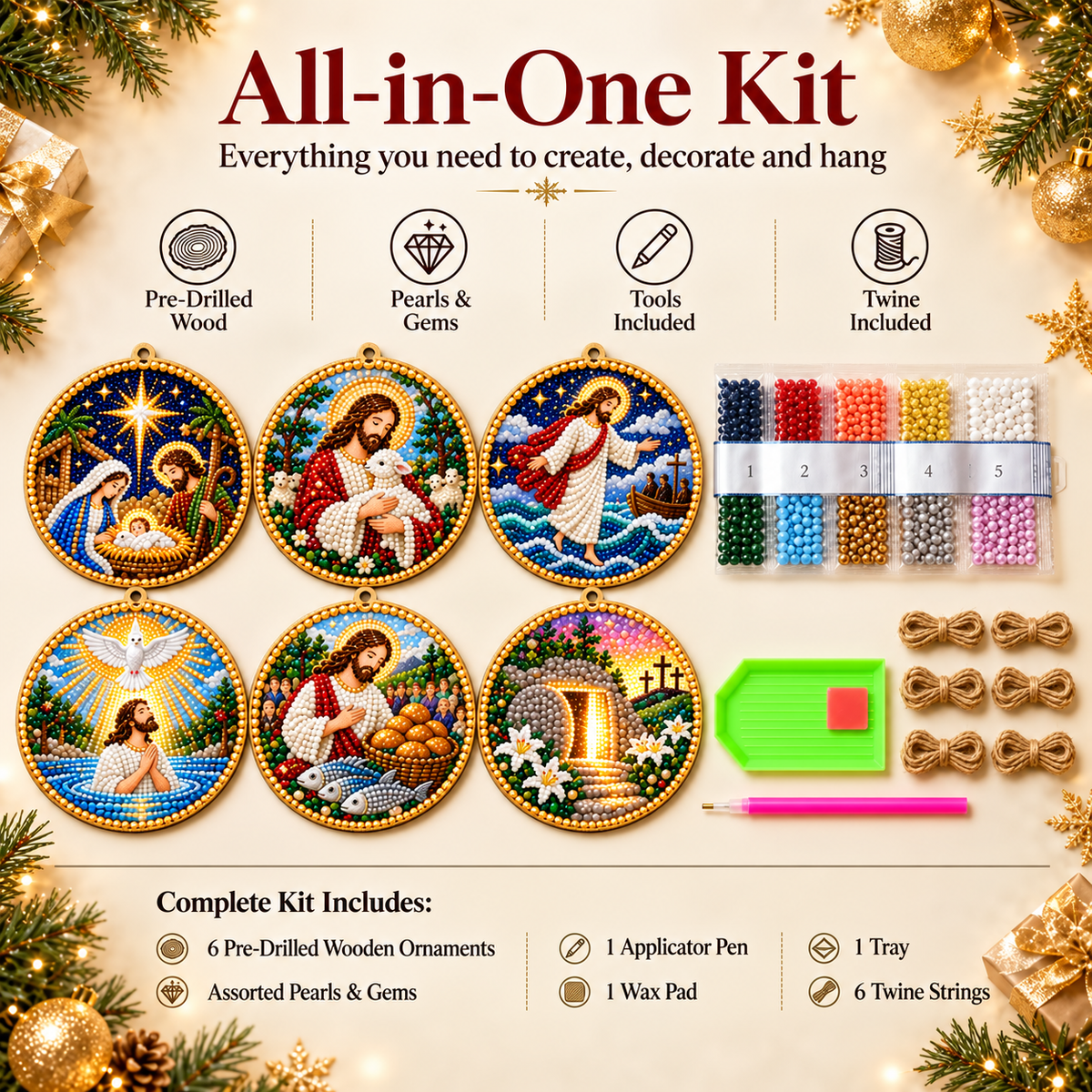 Complete Christian diamond painting ornament kit contents