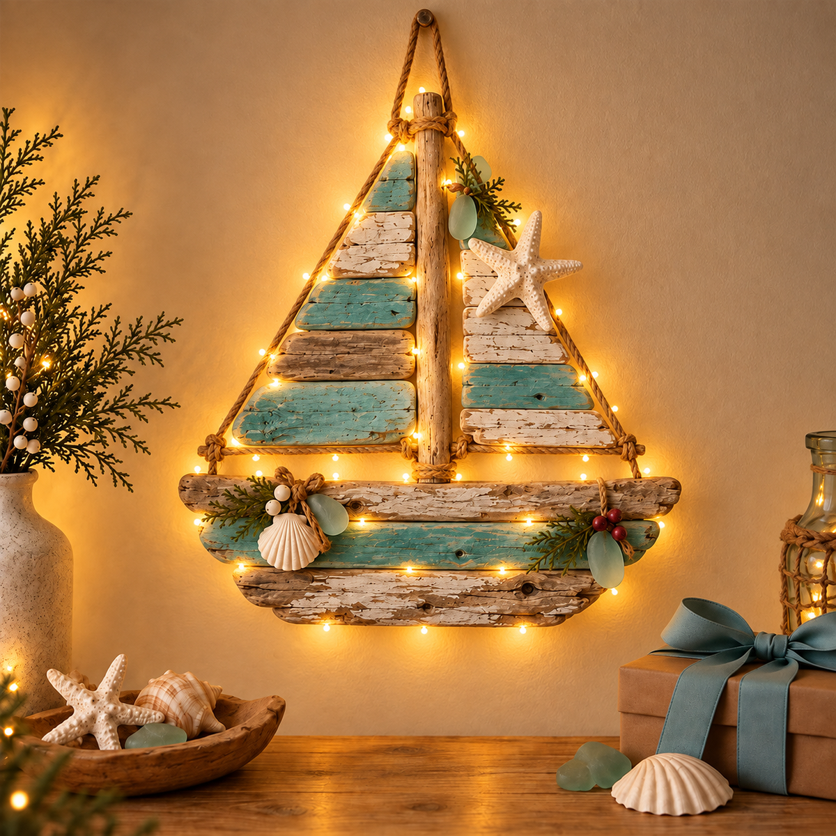 ⛵🌊 Coastal Driftwood Sailboat Wall Decor