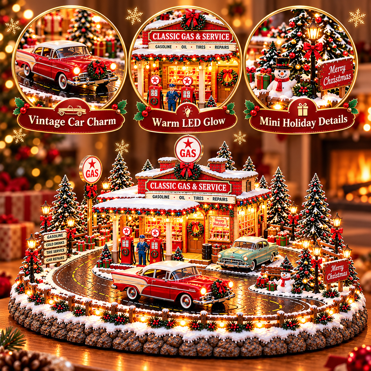 Classic car warm LED Christmas village details