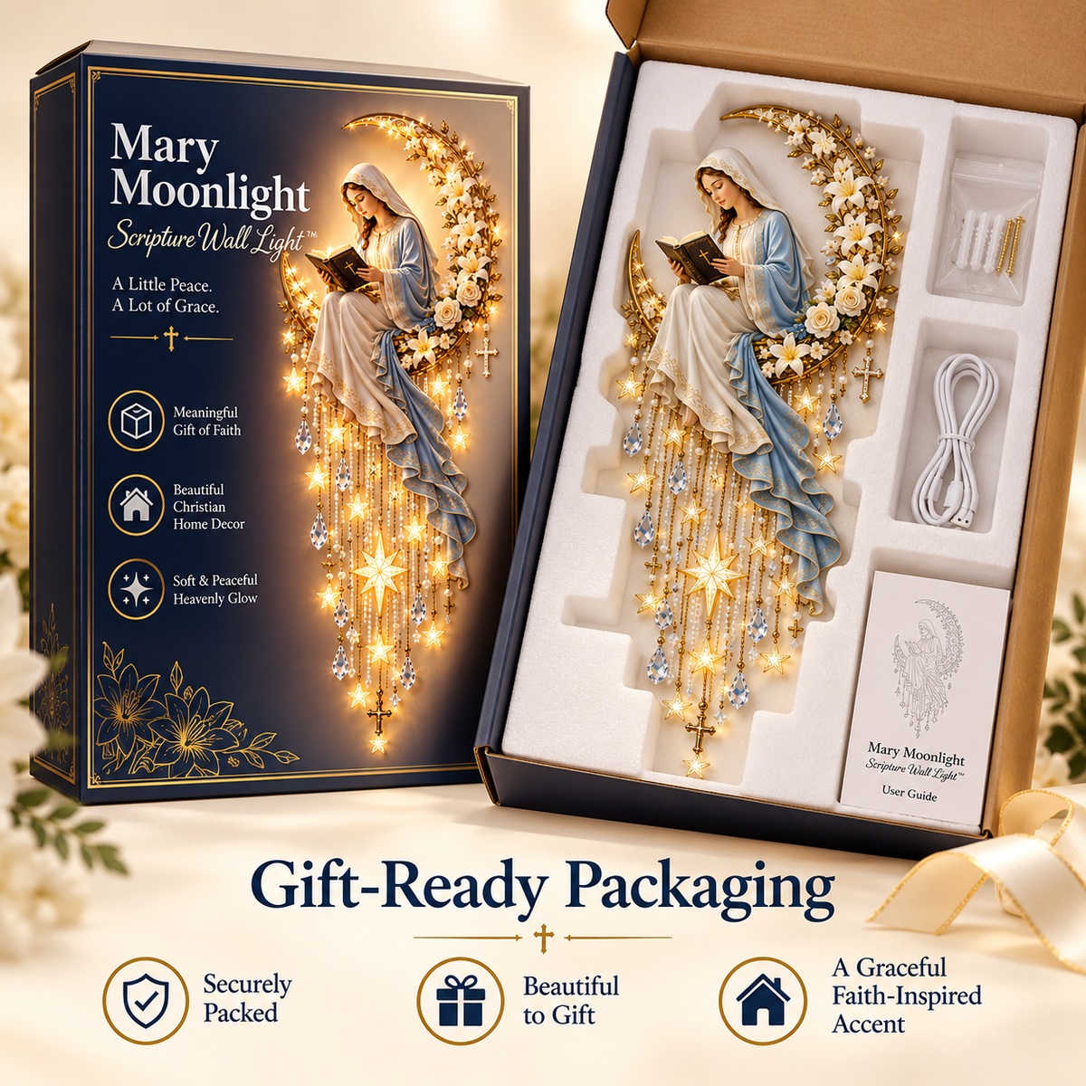 Mary Moonlight Scripture Wall Light gift-ready package with mounting accessories