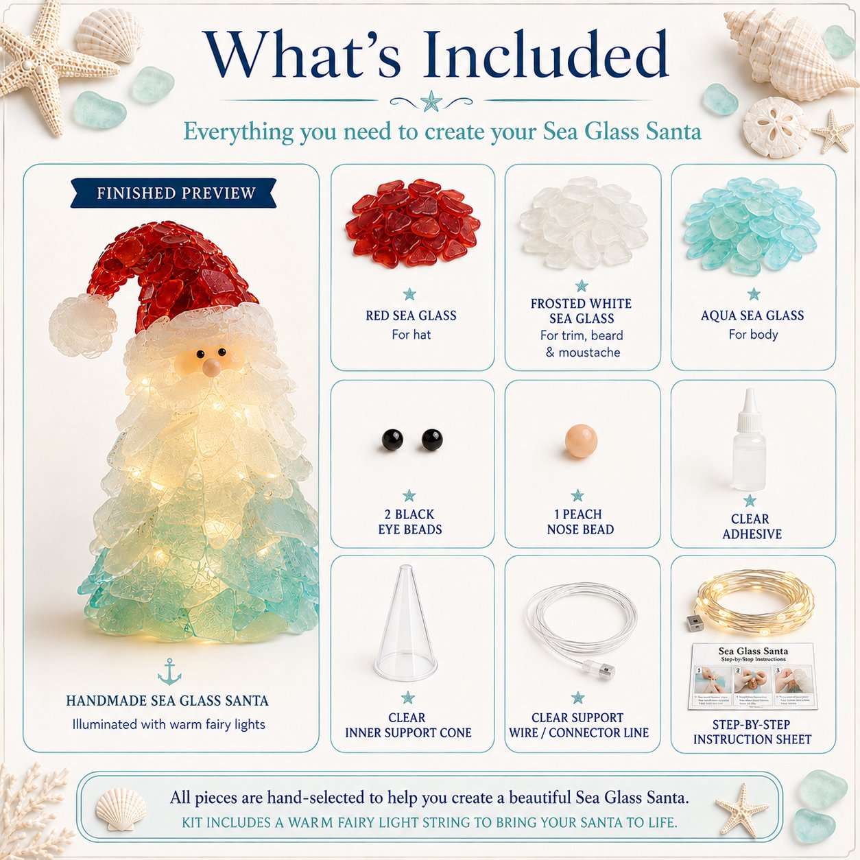 🔥Last Day 49% OFF – 🎅 Beginner-Friendly DIY Lighted Sea Glass Santa Christmas Decor Kit | Complete Kit with Sea Glass Pieces, Warm Fairy Lights & Step-by-Step Guide Included 💕