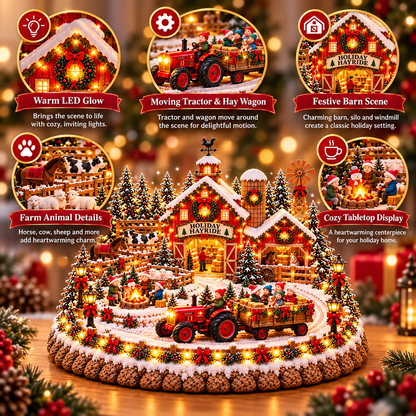 🚜🎄 Christmas Holiday Hayride Village™ – Lighted Christmas Farm Scene with Moving Tractor, Family Hayride & Red Barn