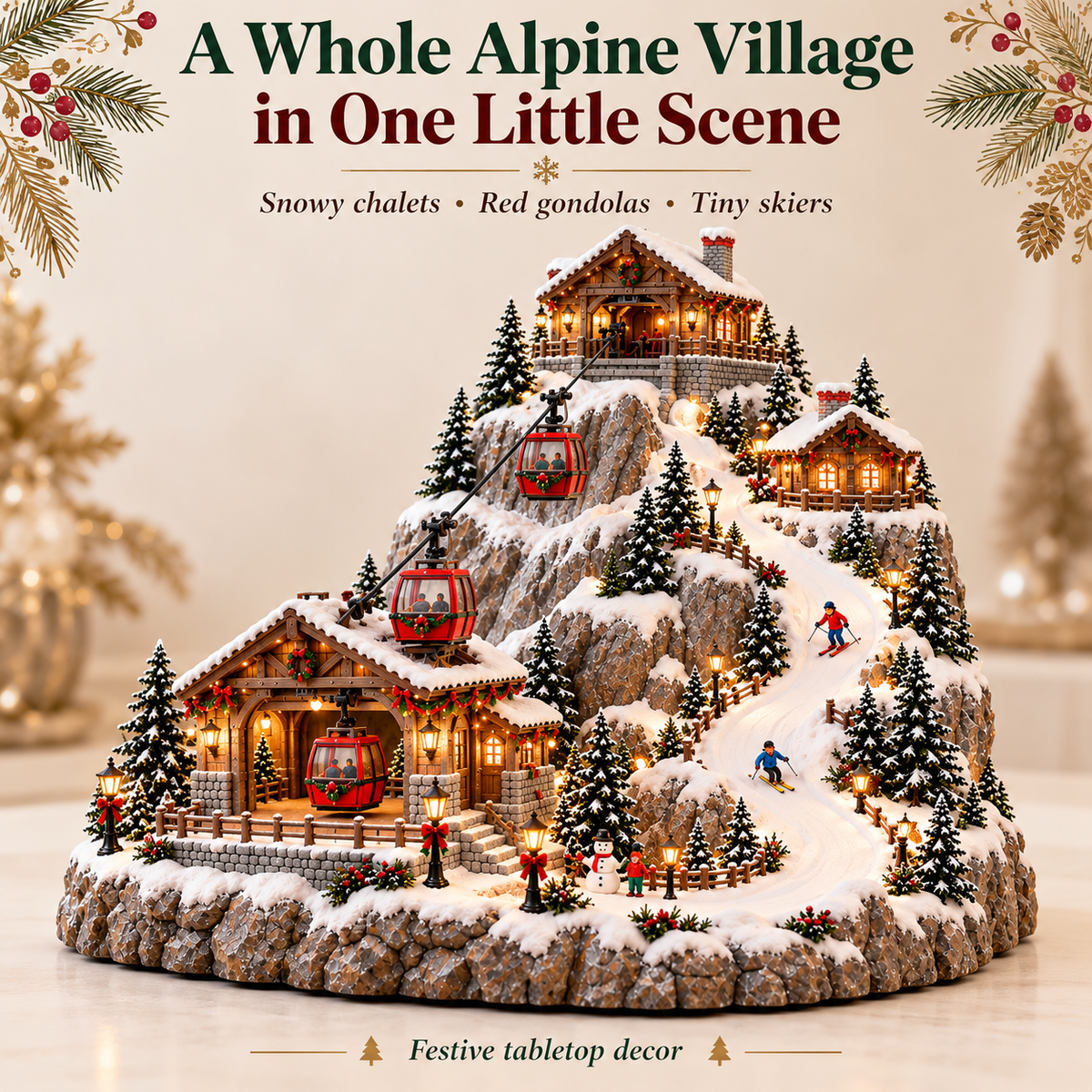 🚠🎄 Christmas Mountain Ski Village™ – Moving Cable Cars & Warm Alpine Glow
