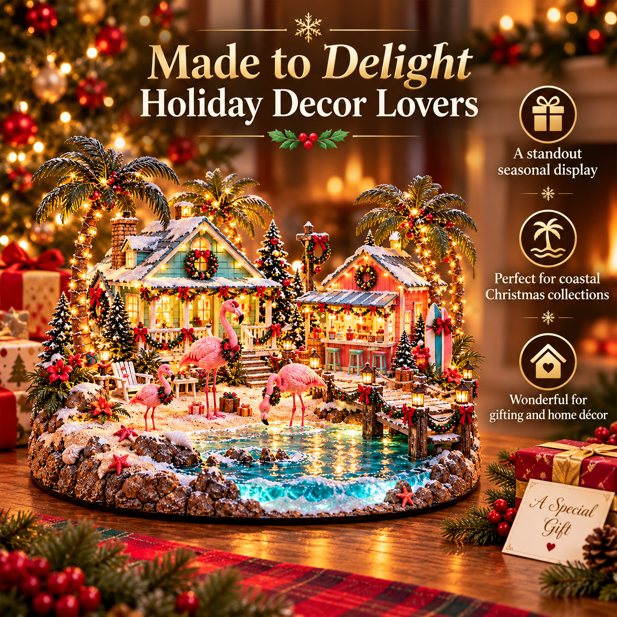 🦩🌴 Flamingo Christmas Lagoon Village™ – Lighted Tropical Christmas Scene with Pink Flamingos & Coastal Cottages