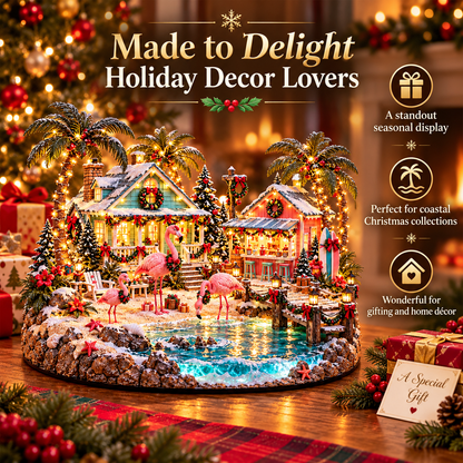 🦩🌴 Flamingo Christmas Lagoon Village™ – Lighted Tropical Christmas Scene with Pink Flamingos & Coastal Cottages