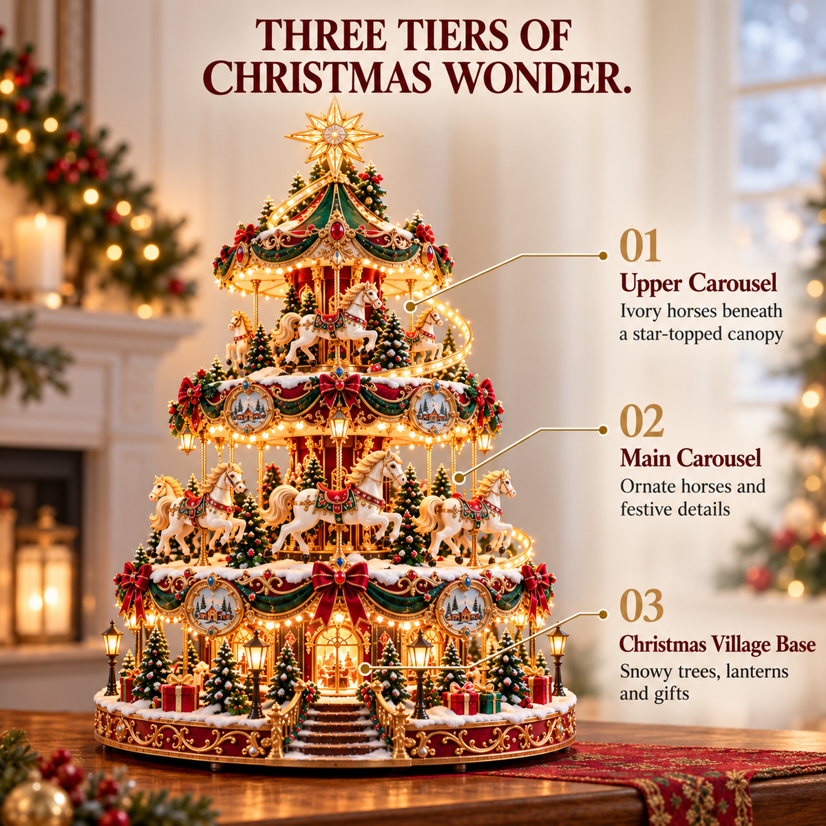 Three-tier Christmas carousel tree showing the upper canopy, carousel levels and snowy village base