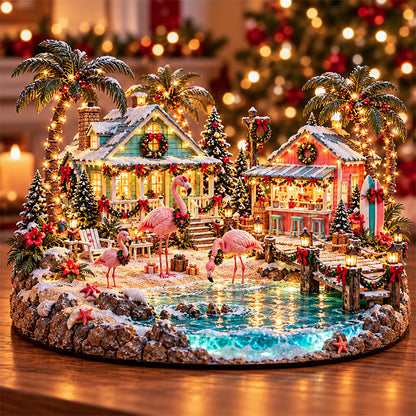 🦩🌴 Flamingo Christmas Lagoon Village™ – Lighted Tropical Christmas Scene with Pink Flamingos & Coastal Cottages