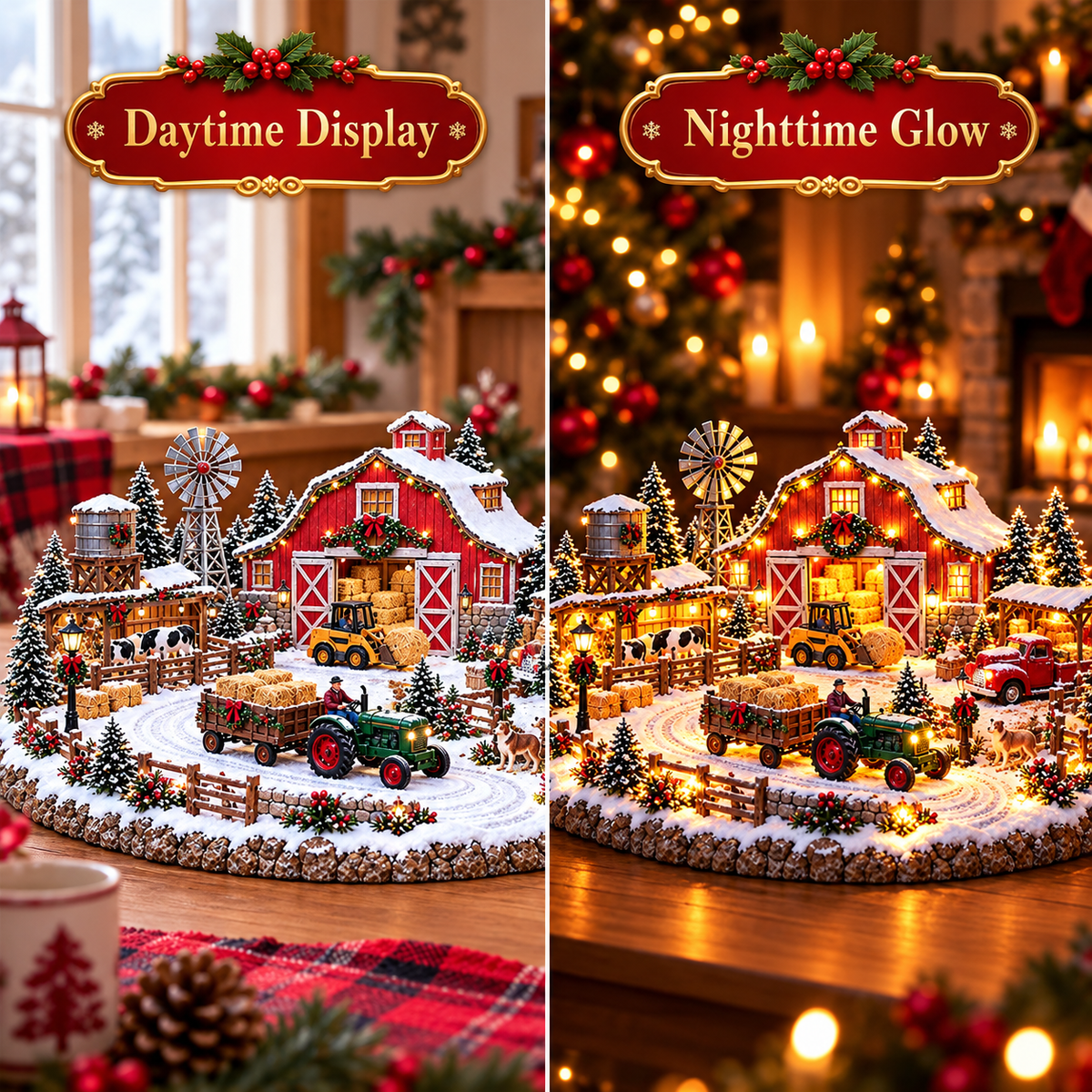 Christmas Farm Village daytime and nighttime glow comparison